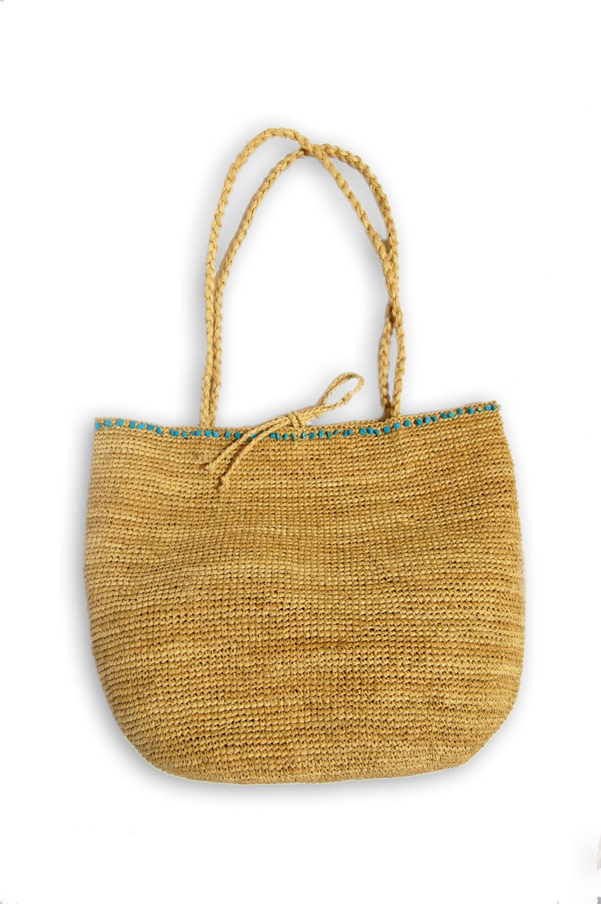 Turquoise Beaded Straw Tote