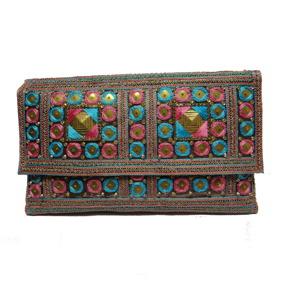 Beaded Fuchsia and Turquoise Mirrored Clutch