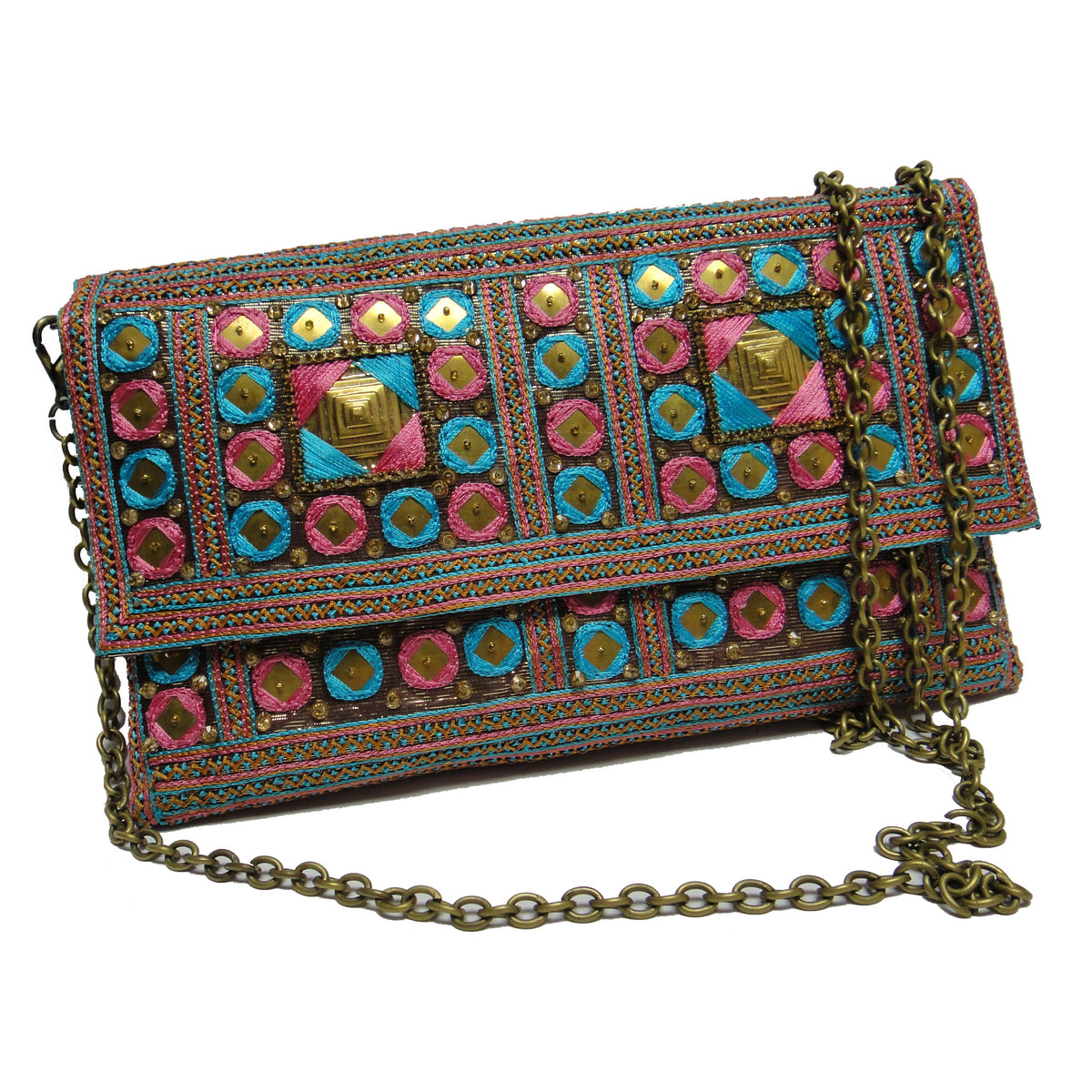 Beaded Fuchsia and Turquoise Mirrored Clutch